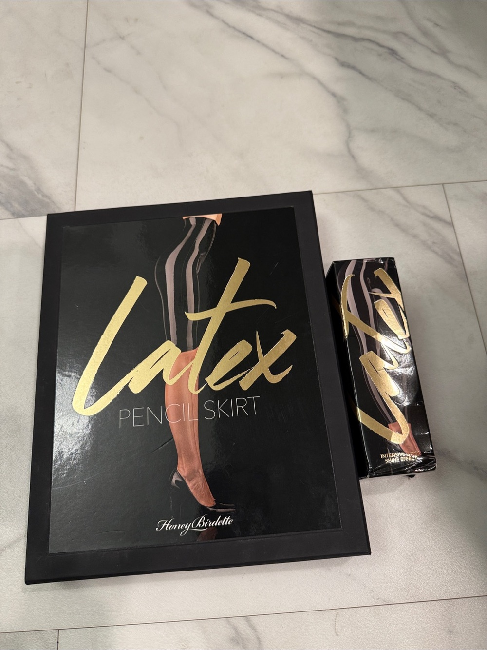 Honey Birdette Black Latex Pencil Skirt Packaging Set